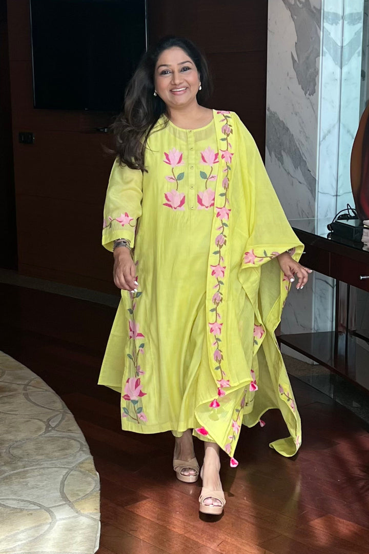 BAHAAR OLIVE FLORAL KALI KURTA SET