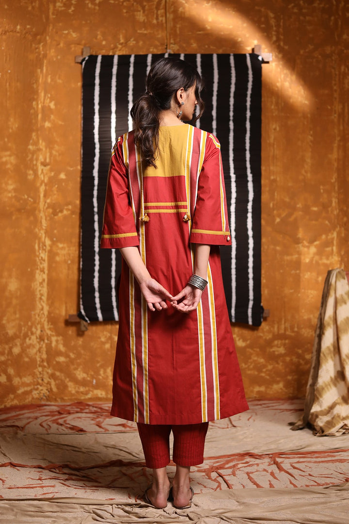 Maroon Colour Block Embroidery Patch Kurta