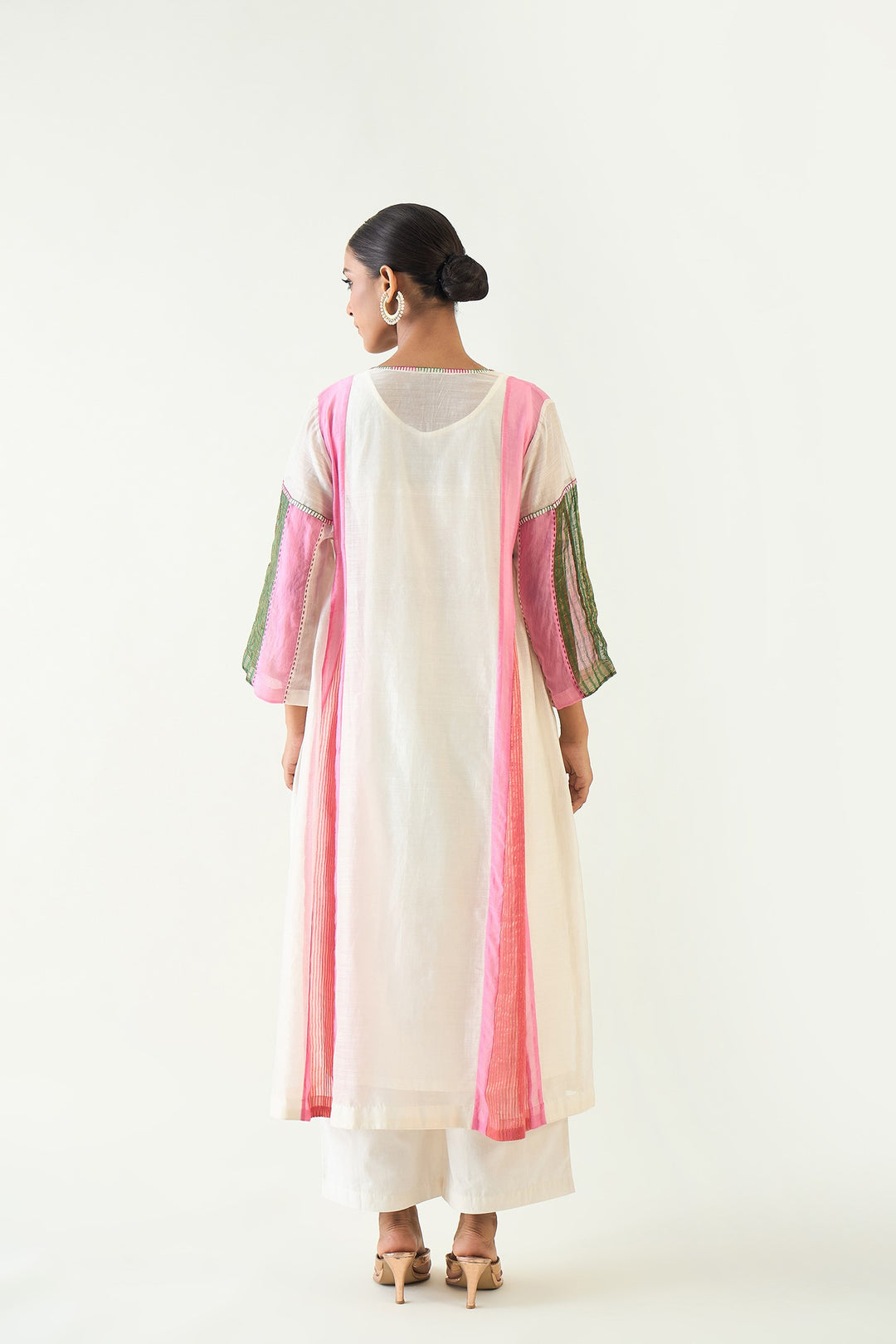 Isha: Cotton Silk Kali Kurta - Ivory and Pink