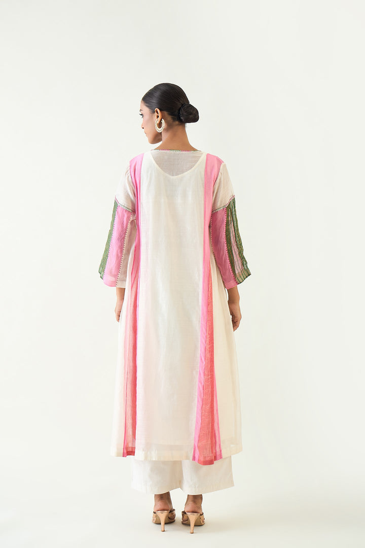 Isha: Cotton Silk Kali Kurta set- Ivory and Pink