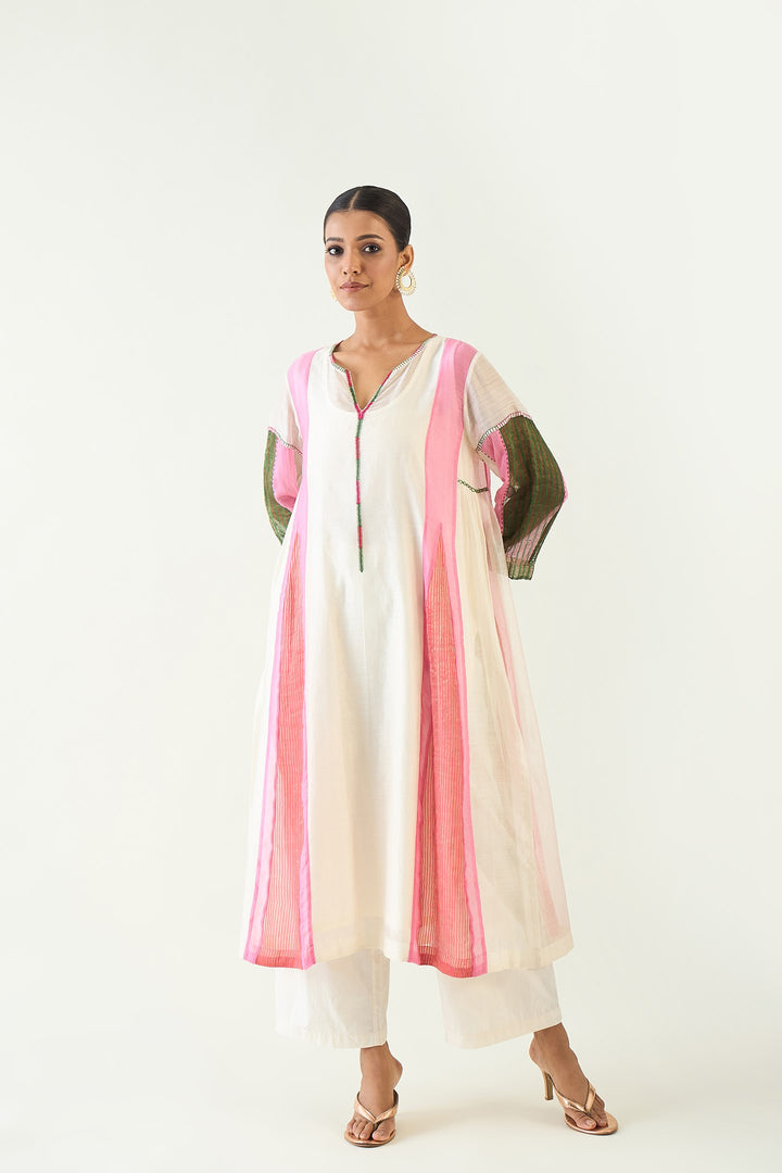 Isha: Cotton Silk Kali Kurta set- Ivory and Pink