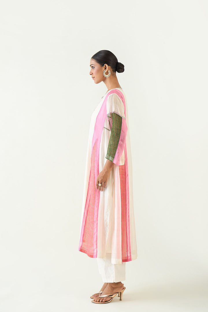 Isha: Cotton Silk Kali Kurta set- Ivory and Pink