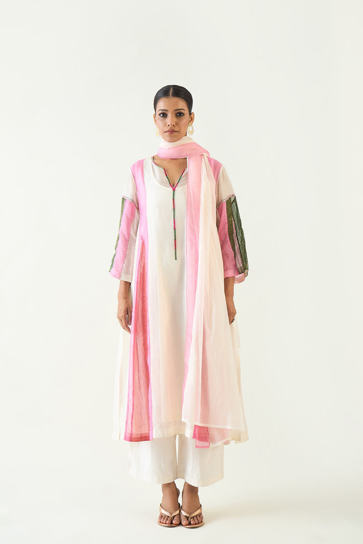 Isha: Cotton Silk Kali Kurta set- Ivory and Pink