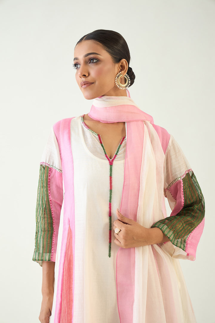 Isha: Cotton Silk Kali Kurta set- Ivory and Pink