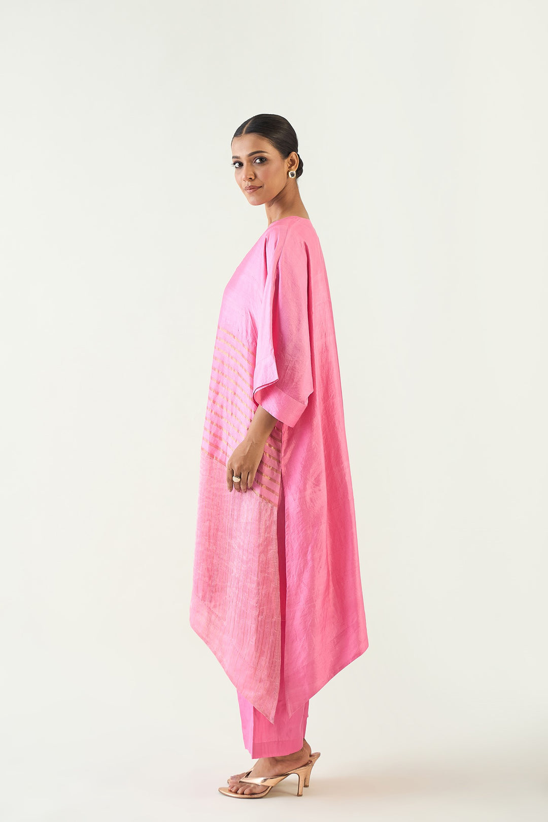 Kaya: Zari Stripe and Silk Kaftan Set - Candy Pink