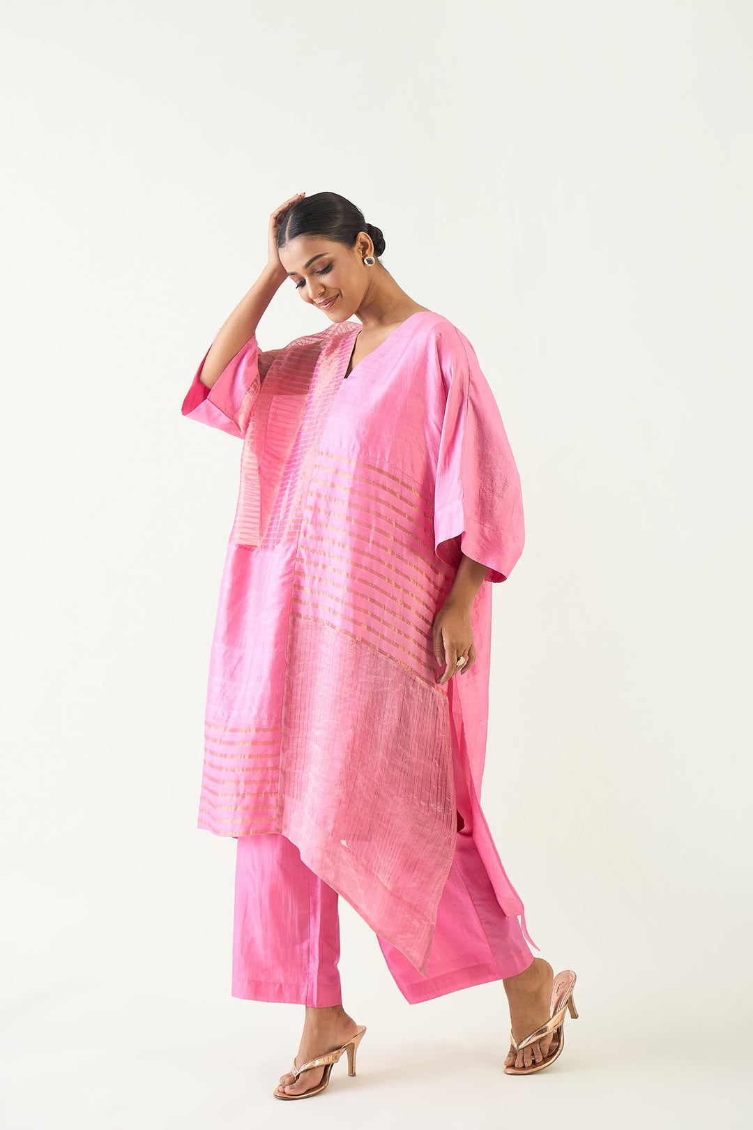 Kaya: Zari Stripe and Silk Kaftan - Candy Pink