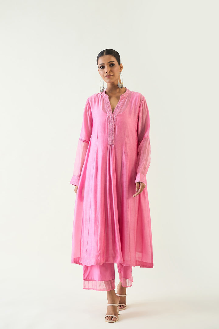 Urvi: Embroidered Side Gather Kurta set - Candy Pink