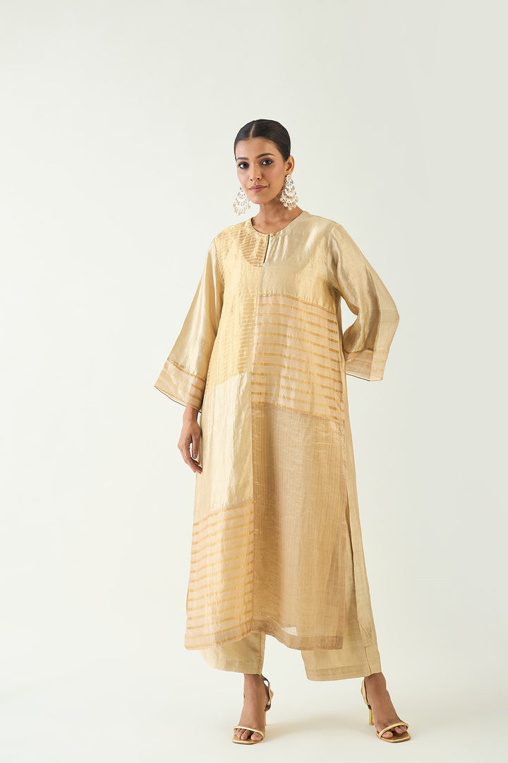 Kaya: Zari Stripe and SIlk Patch Kurta Set - Beige and Gold