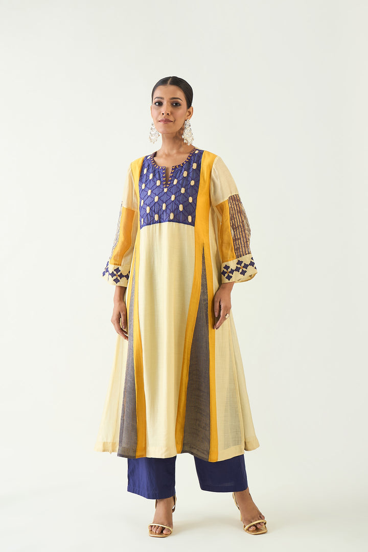 Roop: Cotton Silk Kali Kurta set - Mustard and Purple