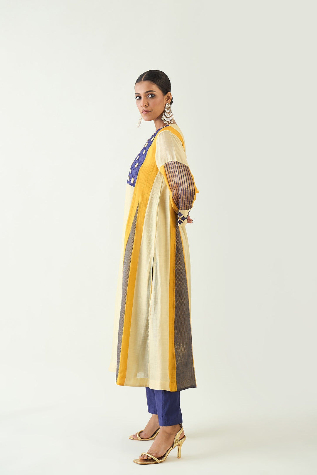 Roop: Cotton Silk Kali Kurta set - Mustard and Purple