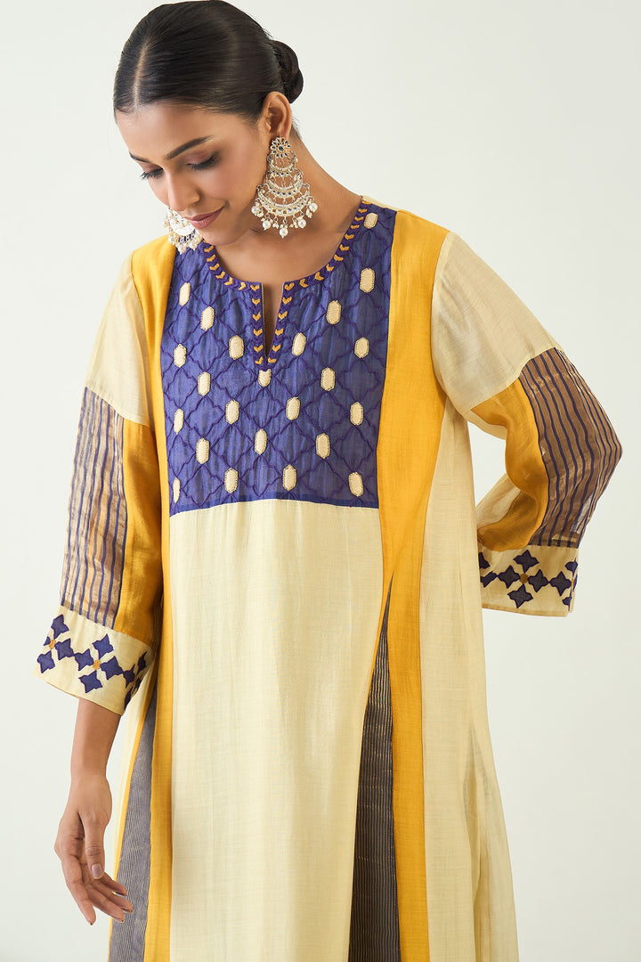 Roop: Cotton Silk Kali Kurta set - Mustard and Purple