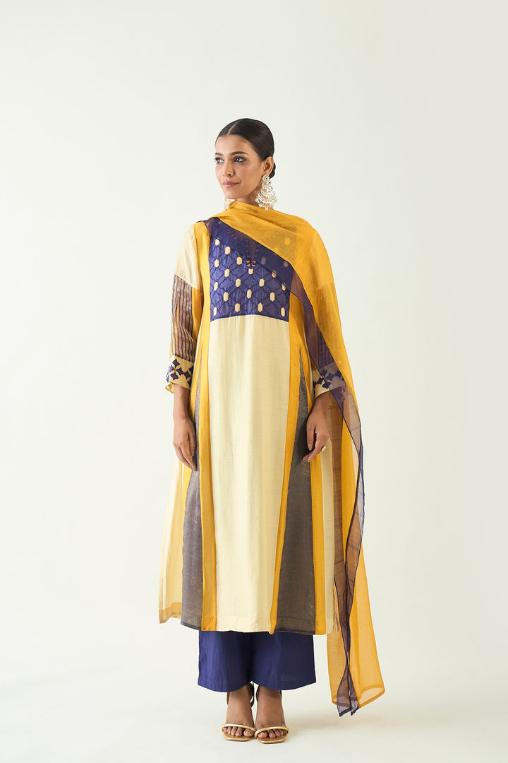 Roop: Cotton Silk Kali Kurta set - Mustard and Purple