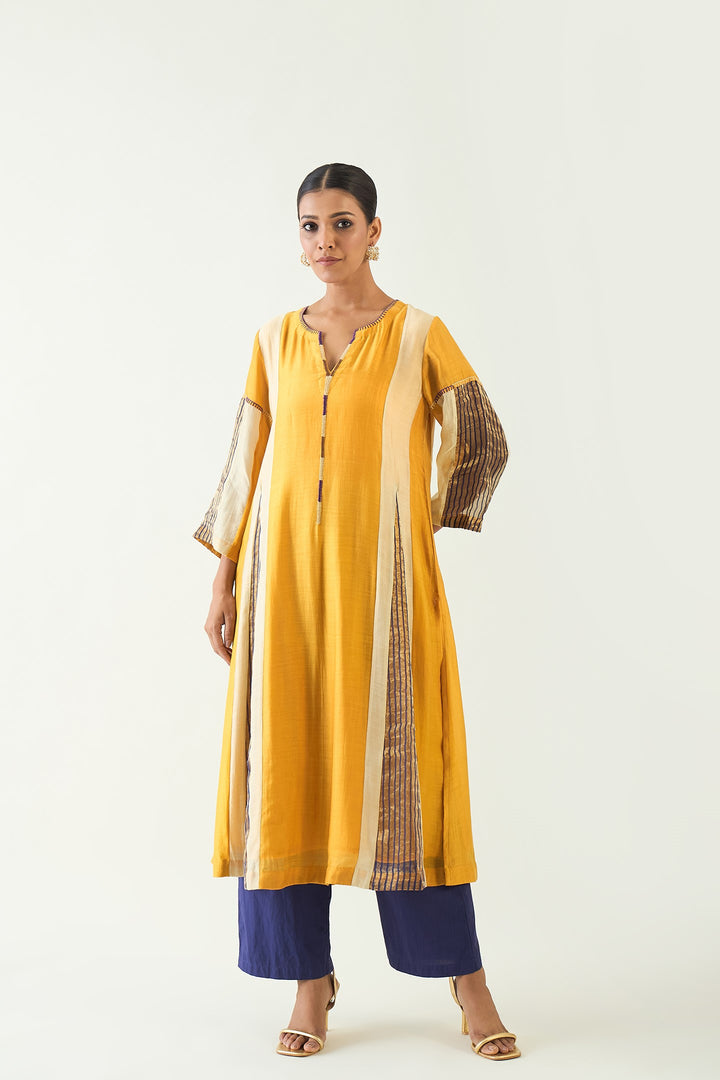 Isha: Cotton Silk Kali Kurta set- Mustard and Purple