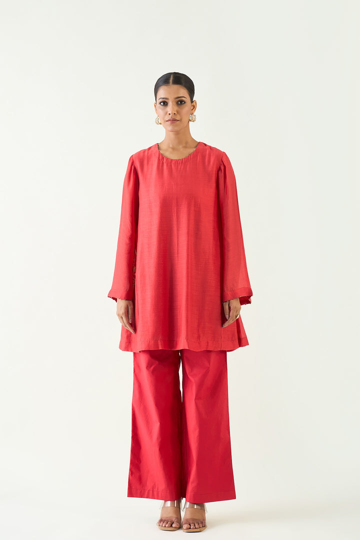 Siya: Cotton Silk Embroidered Pocket Tunic set - Red