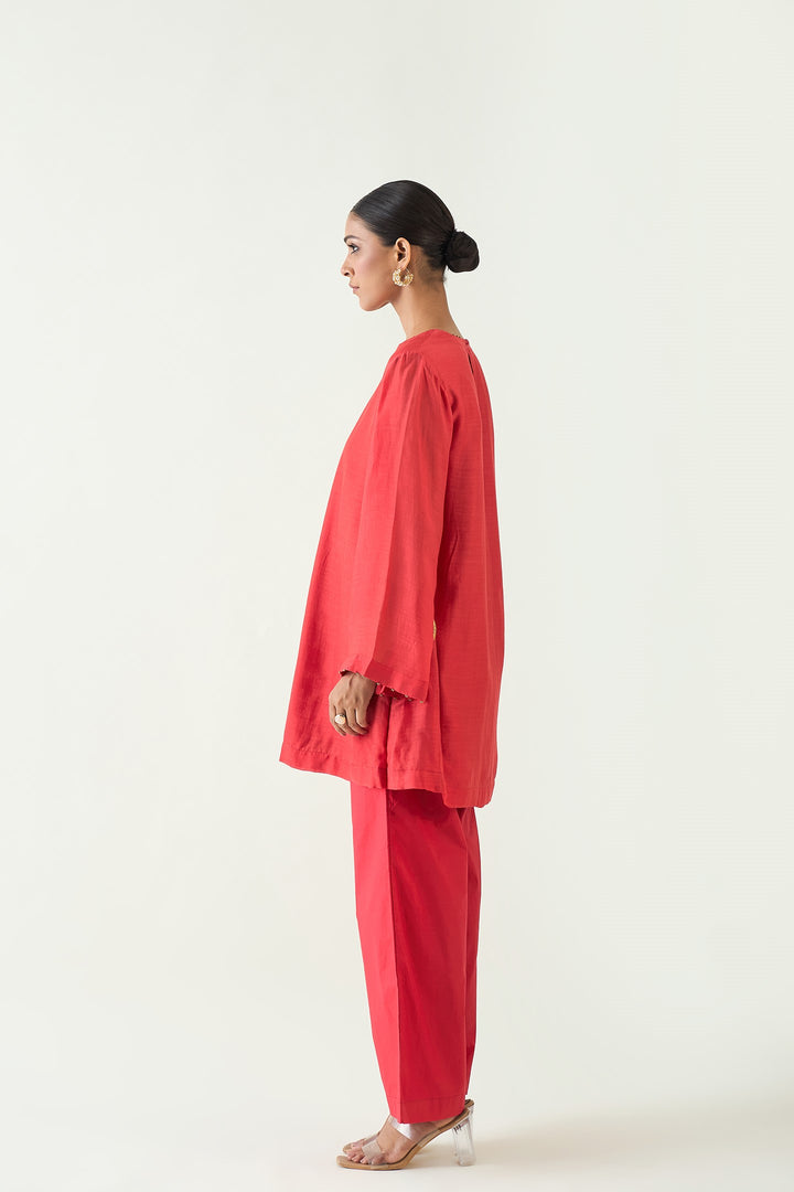 Siya: Cotton Silk Embroidered Pocket Tunic - Red