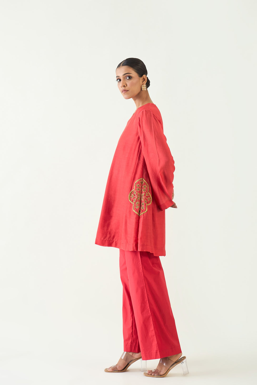 Siya: Cotton Silk Embroidered Pocket Tunic - Red