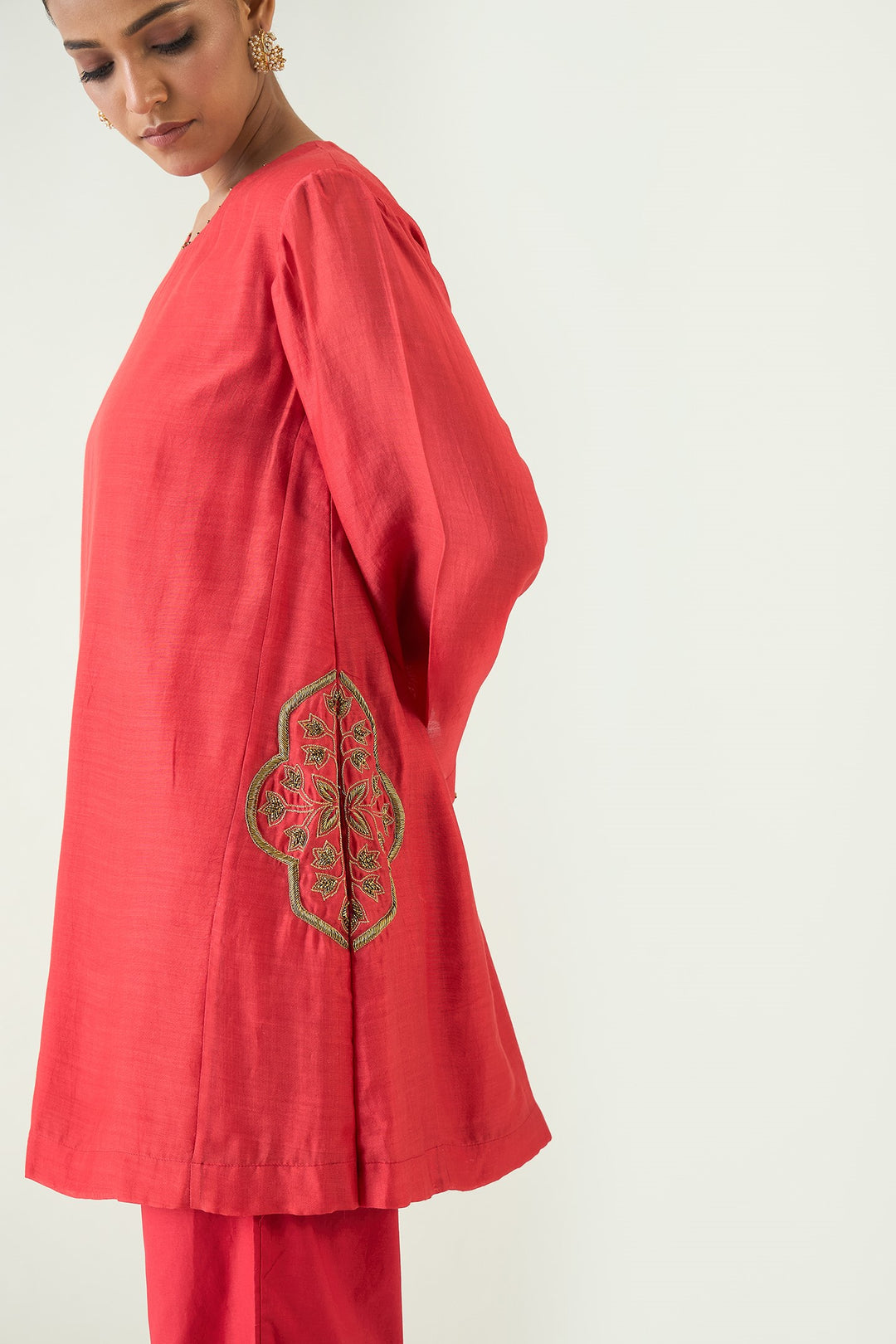 Siya: Cotton Silk Embroidered Pocket Tunic - Red