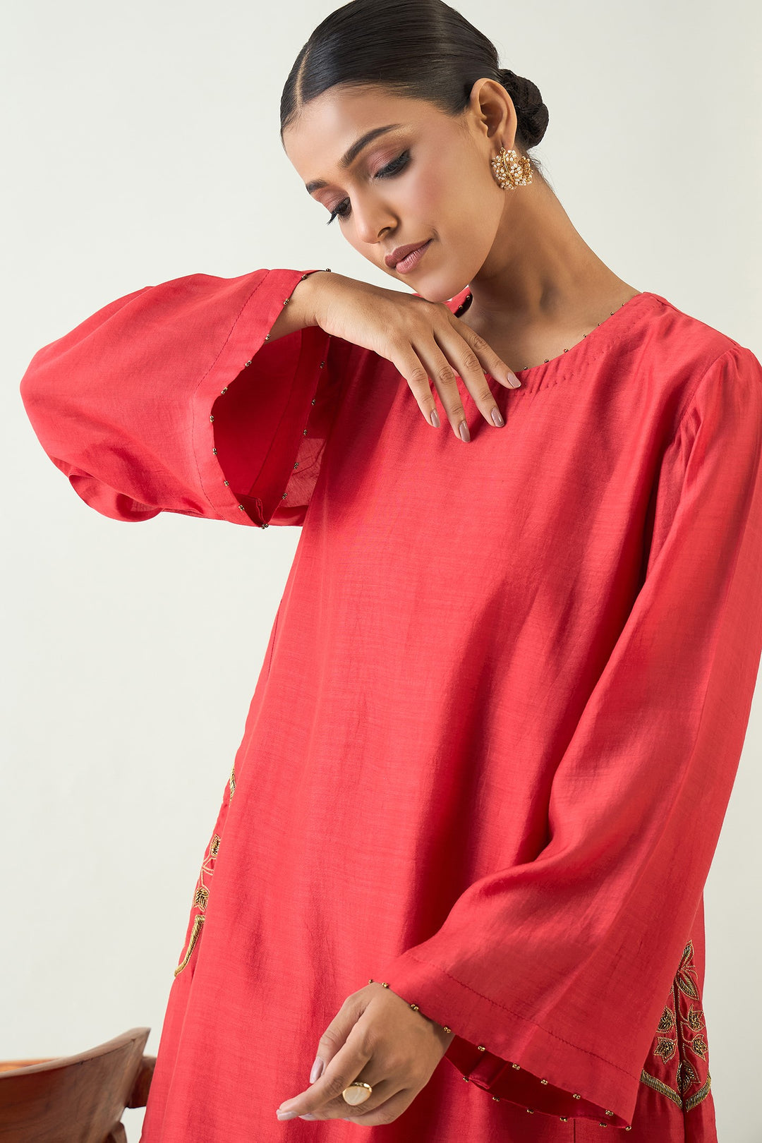 Siya: Cotton Silk Embroidered Pocket Tunic - Red