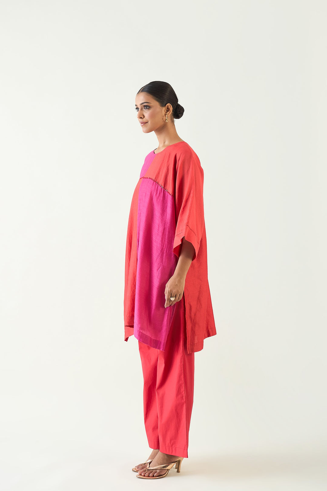 Jeeva: Cotton Silk colour block check sequin tunic - Red and Pink