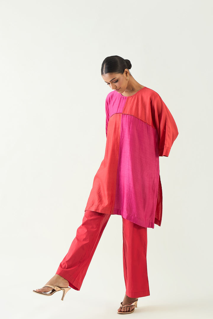 Jeeva: Cotton Silk colour block check sequin tunic - Red and Pink