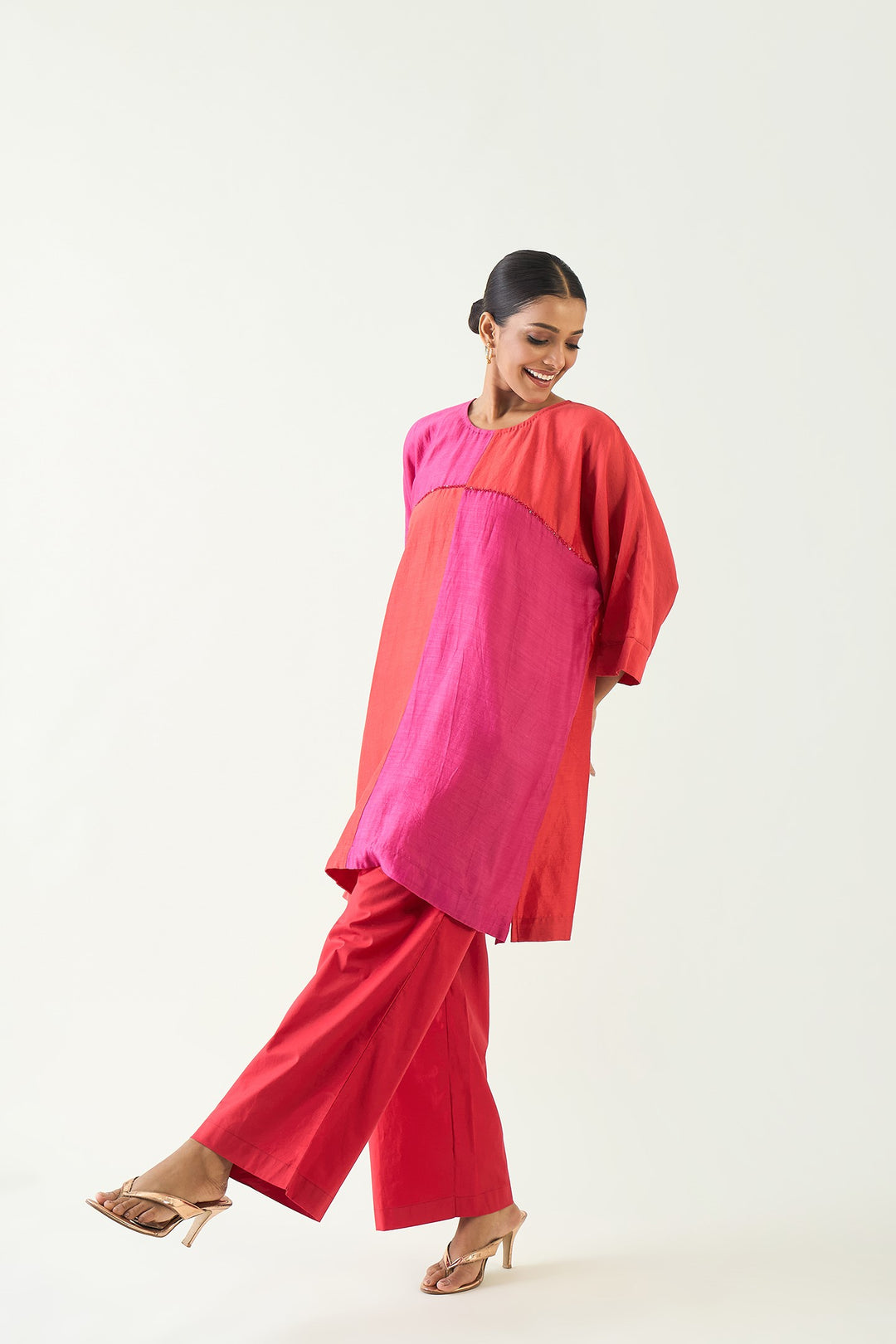 Jeeva: Cotton Silk colour block check sequin tunic - Red and Pink