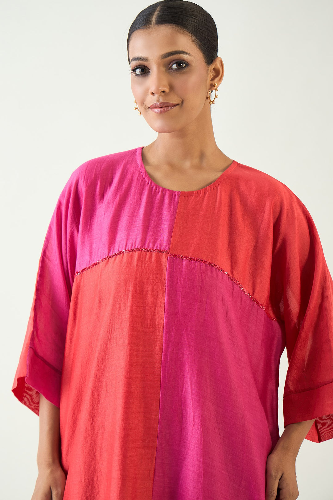 Jeeva: Cotton Silk colour block check sequin tunic - Red and Pink