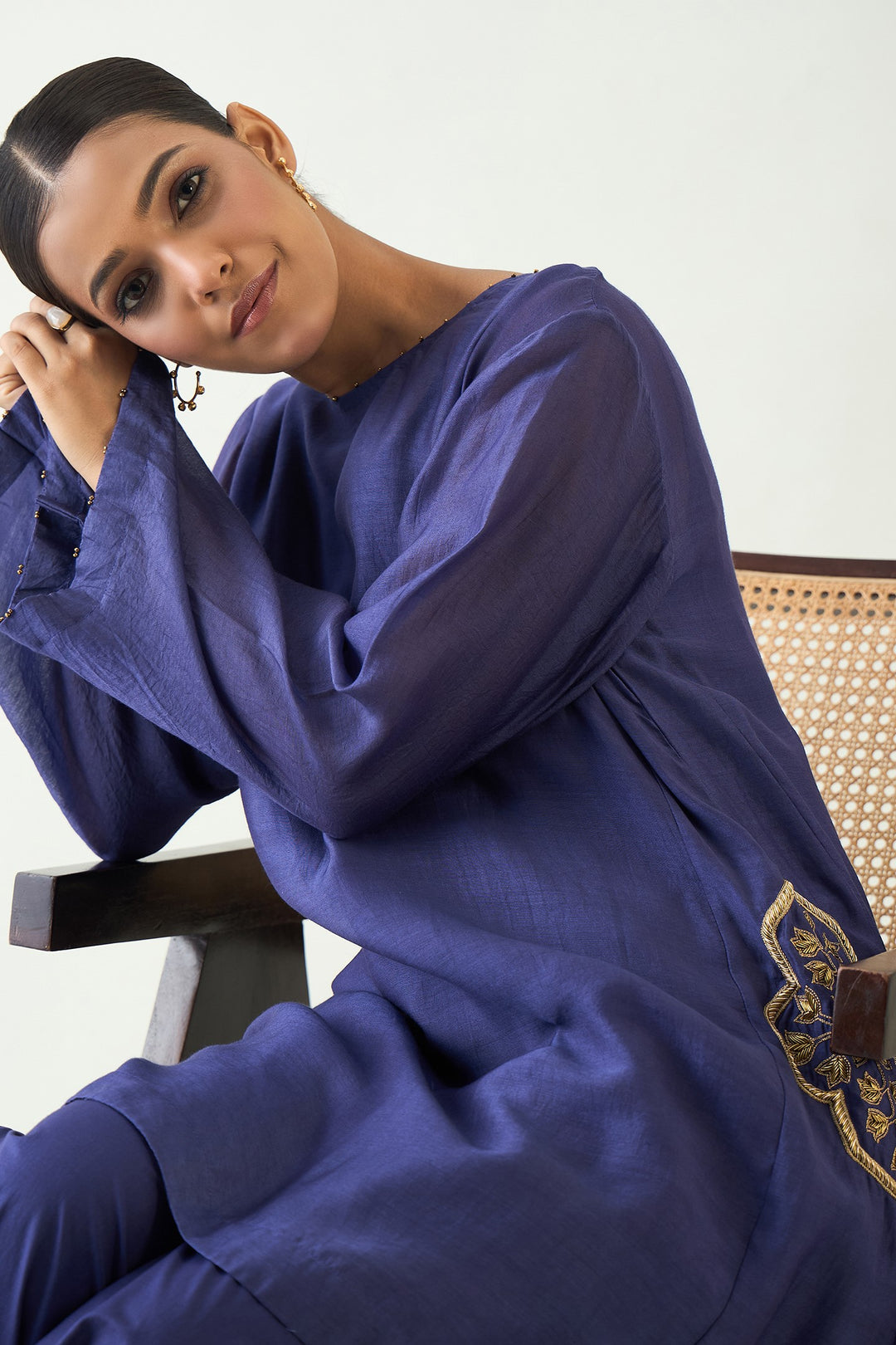 Siya: Cotton Silk Embroidered Pocket Tunic set - Purple