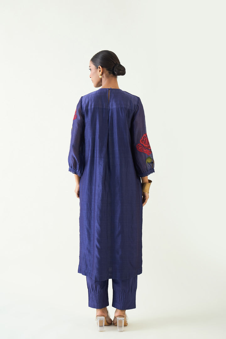 ROYAL ROSE: PURPLE CHANDERI RED EMBROIDERY ROSE KURTA WITH PINTUCK PANTS