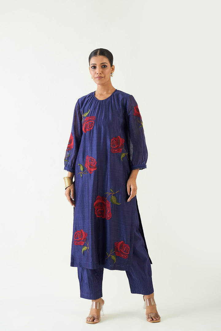 ROYAL ROSE: PURPLE CHANDERI RED EMBROIDERY ROSE KURTA WITH PINTUCK PANTS