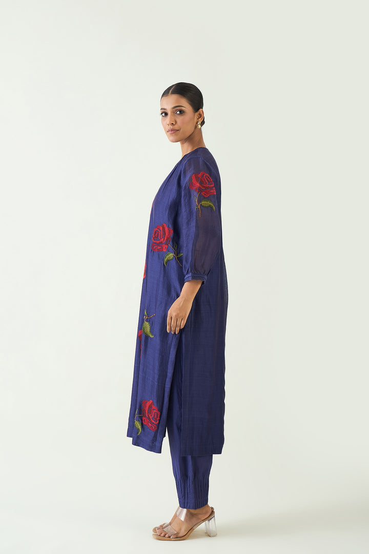 ROYAL ROSE: PURPLE CHANDERI RED EMBROIDERY ROSE KURTA WITH PINTUCK PANTS