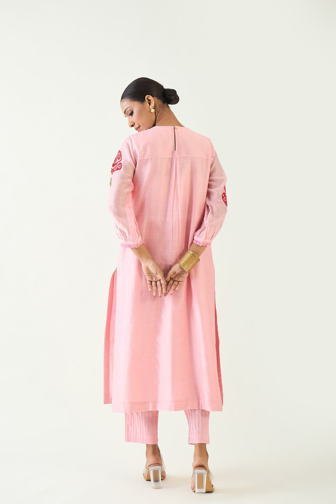 ROYAL ROSE: PINK CHANDERI RED EMBROIDERY ROSE KURTA