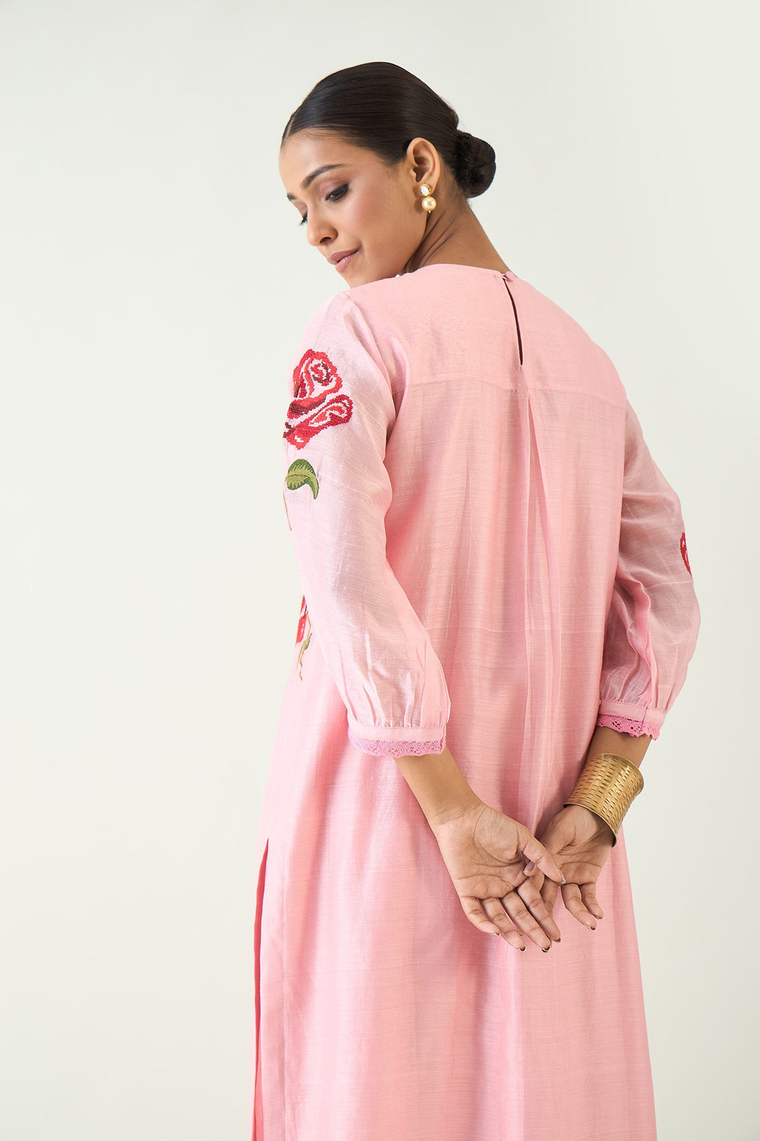 ROYAL ROSE: PINK CHANDERI RED EMBROIDERY ROSE KURTA