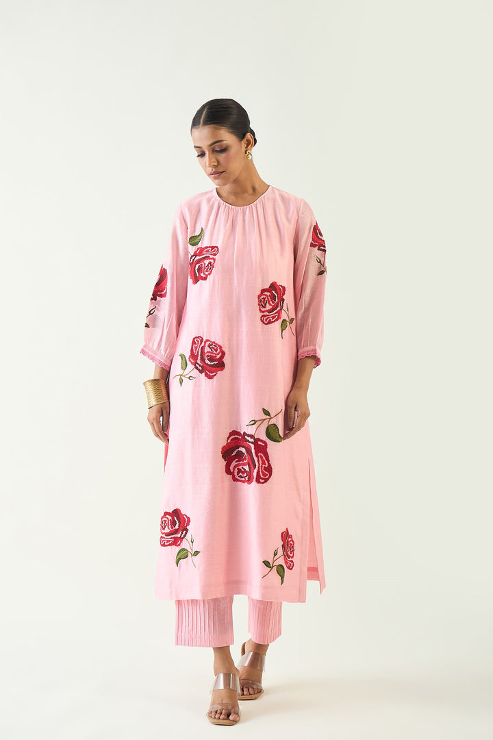 ROYAL ROSE: PINK CHANDERI RED EMBROIDERY ROSE KURTA