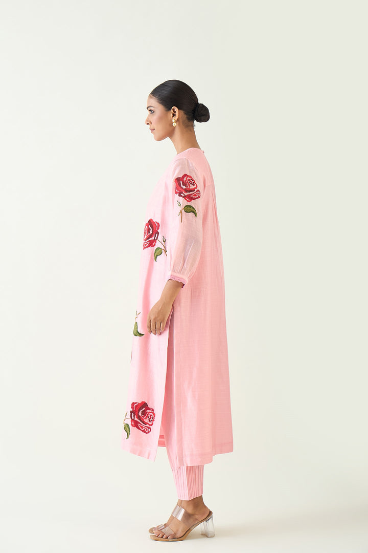 ROYAL ROSE: PINK CHANDERI RED EMBROIDERY ROSE KURTA