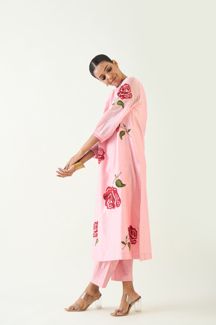 ROYAL ROSE: PINK CHANDERI RED EMBROIDERY ROSE KURTA WITH IVORY PINTUCK PANTS