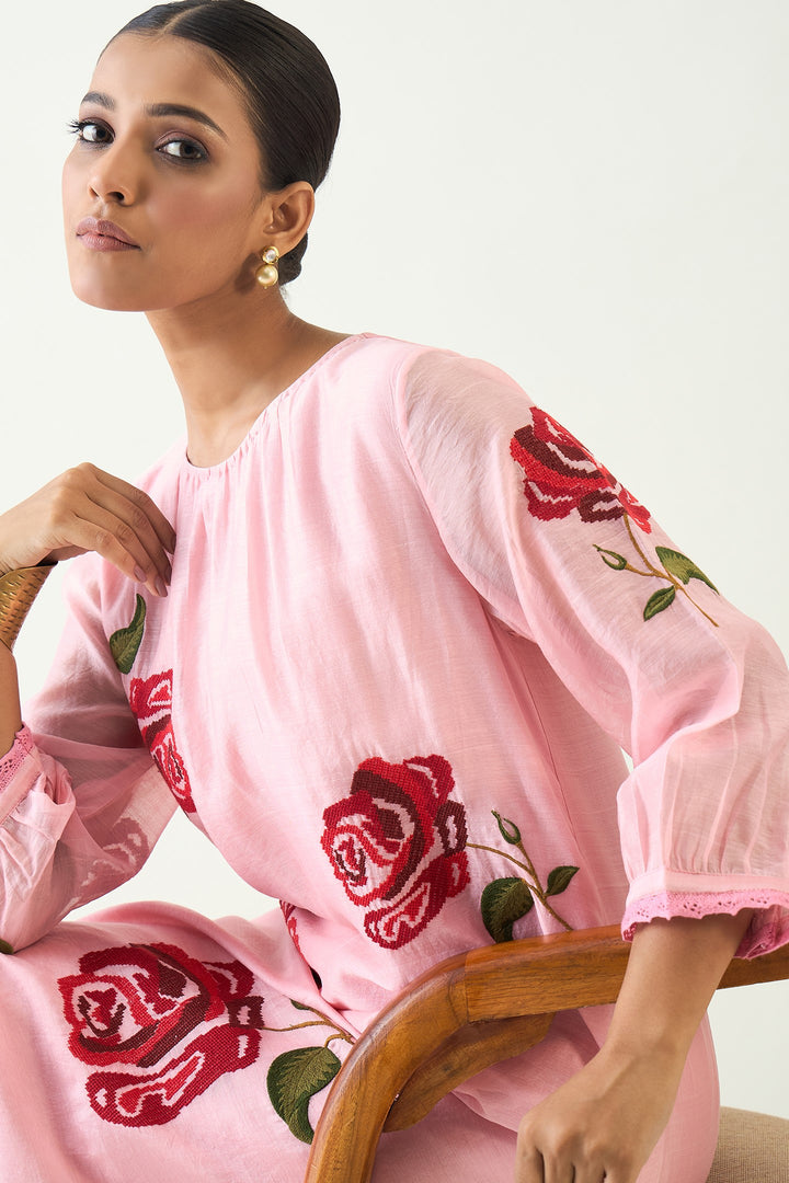 ROYAL ROSE: PINK CHANDERI RED EMBROIDERY ROSE KURTA