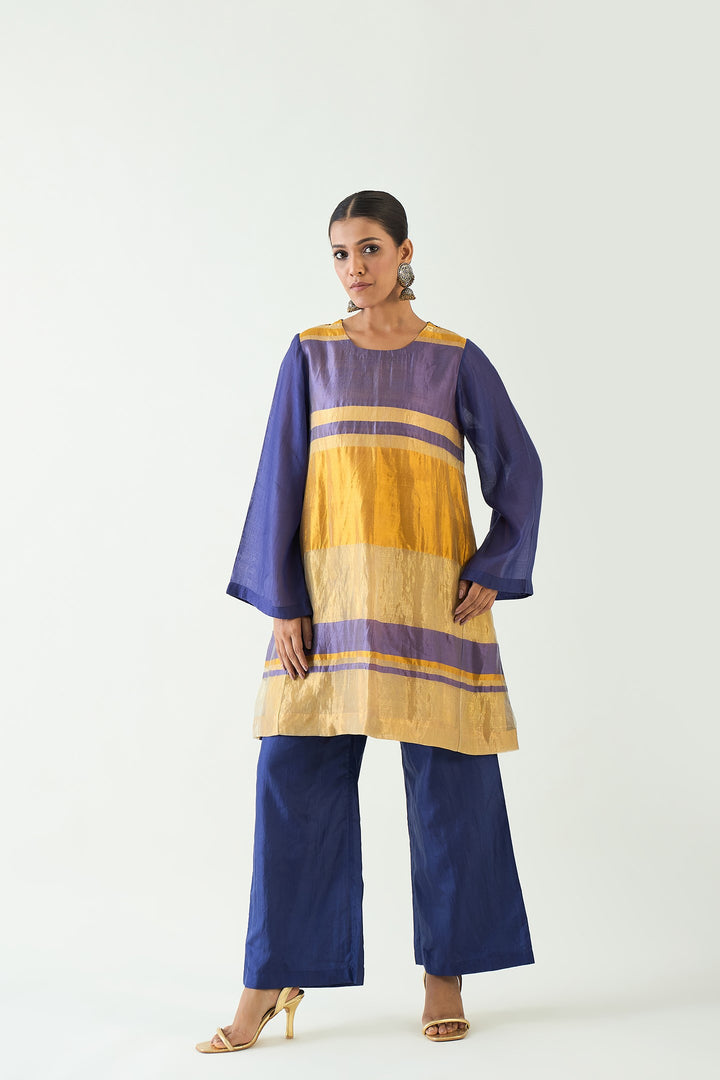 Mira: Silk stripe tissue Tunic set- Purple/Mustard