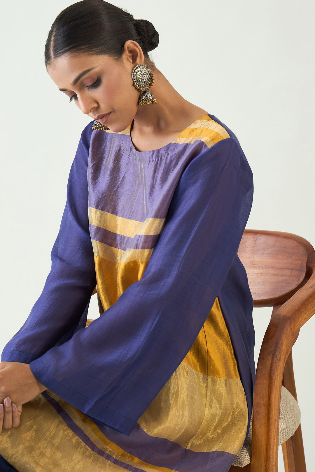 Mira: Silk stripe tissue Tunic set- Purple/Mustard