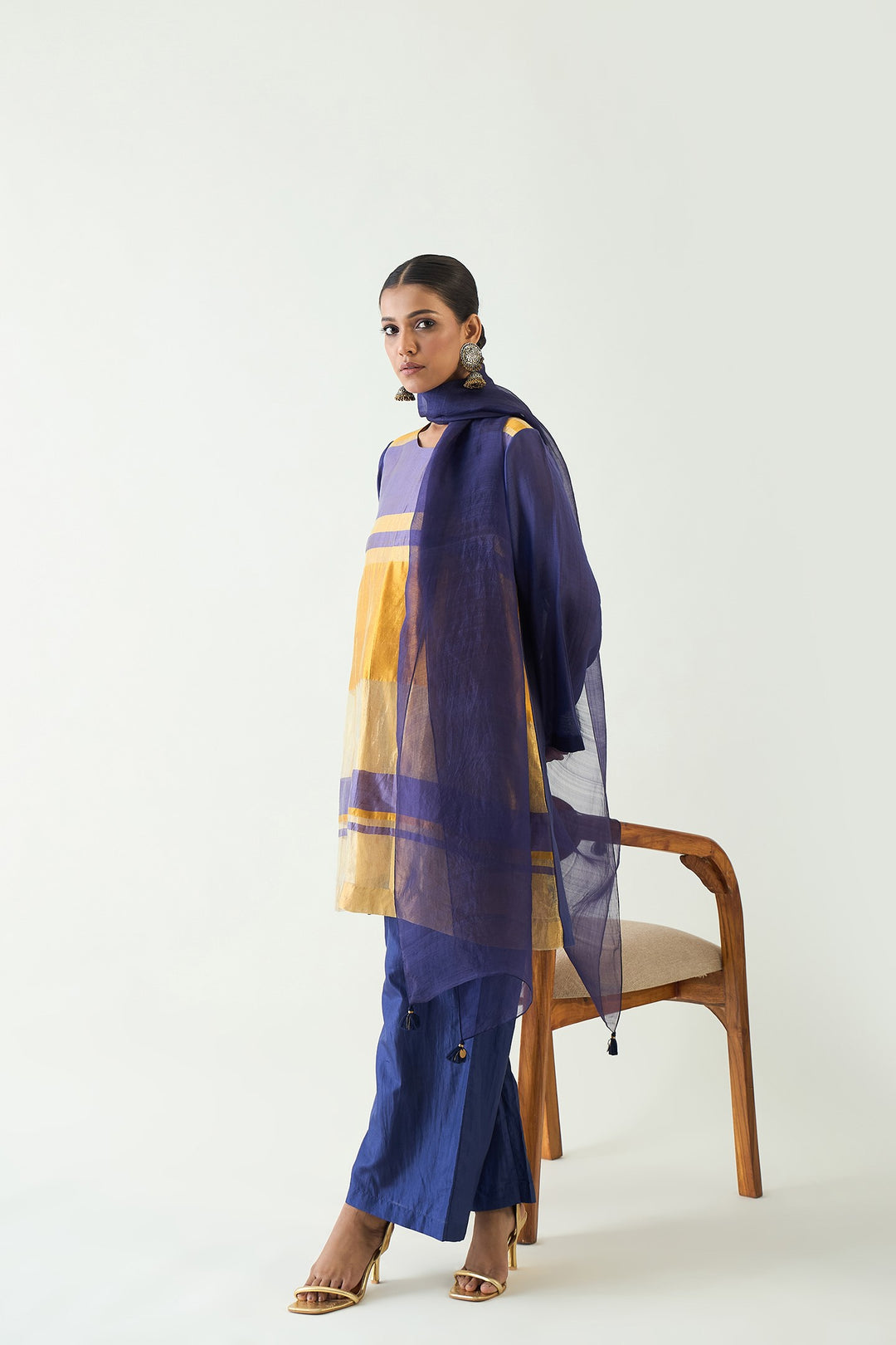 Mira: Silk stripe tissue Tunic set- Purple/Mustard