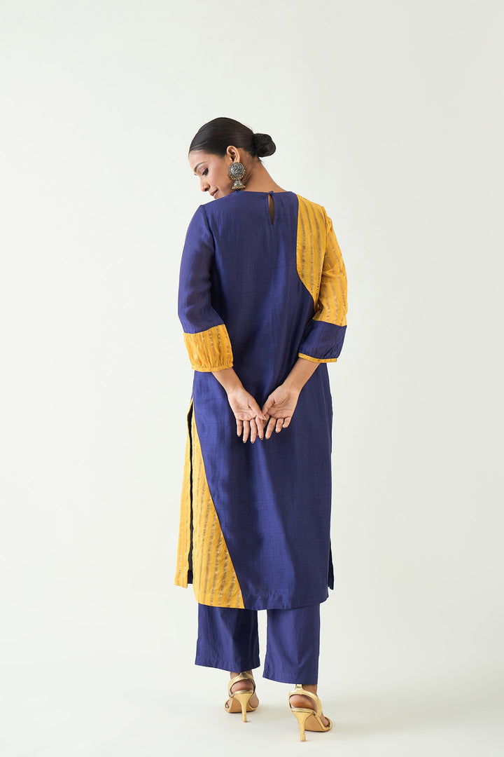 Mohini: Straight Cotton Silk Kurta set - Purple and Mustard