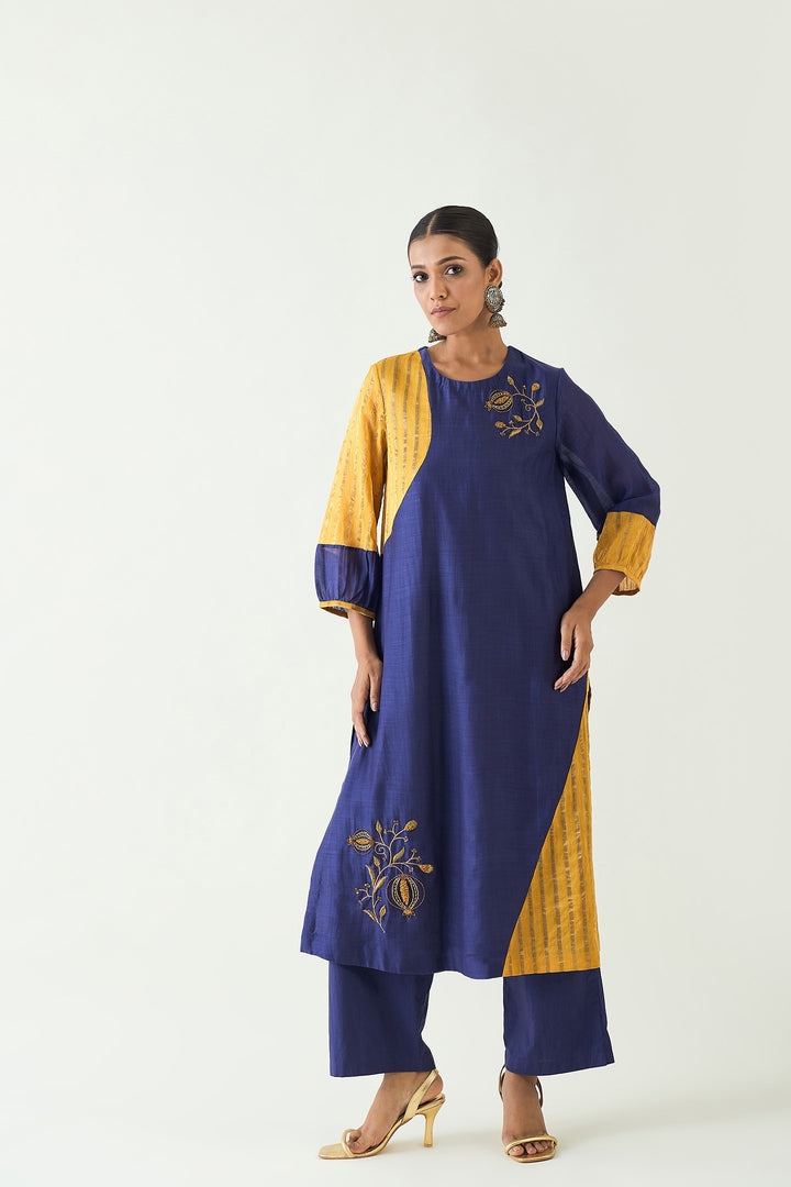 Mohini: Straight Cotton Silk Kurta set - Purple and Mustard