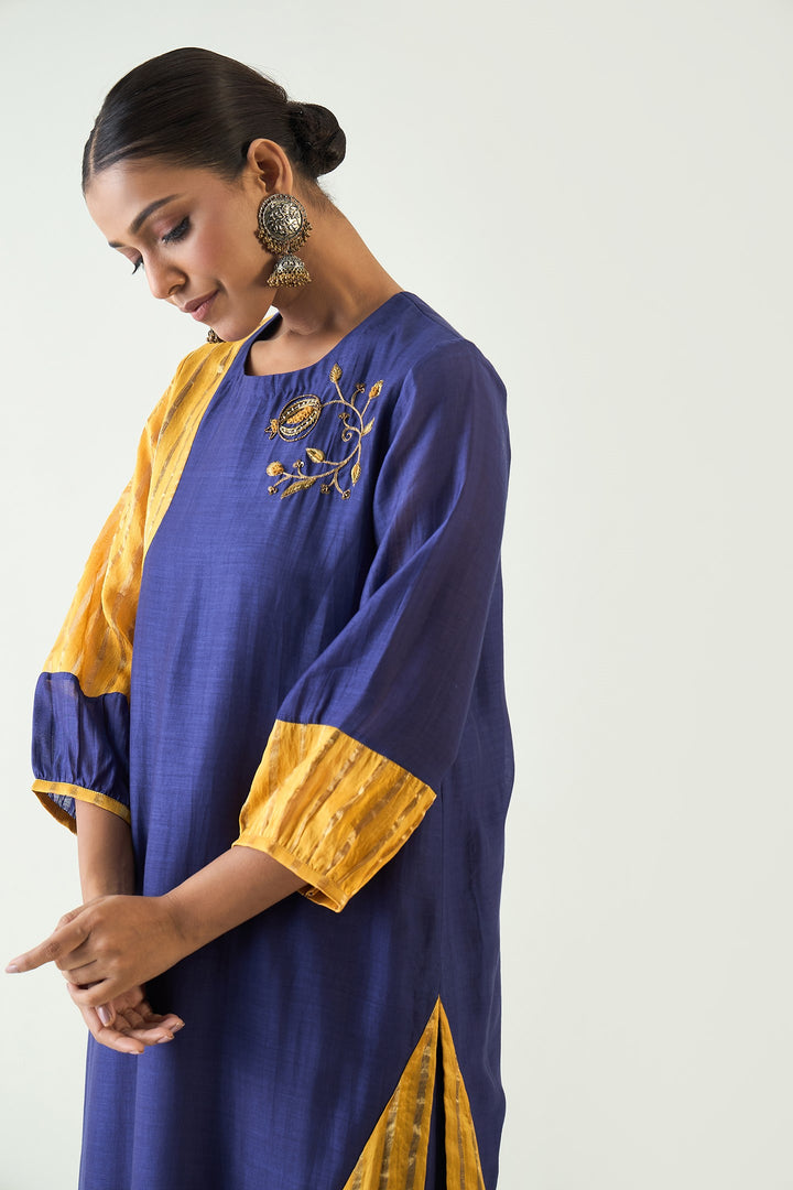 Mohini: Straight Cotton Silk Kurta set - Purple and Mustard