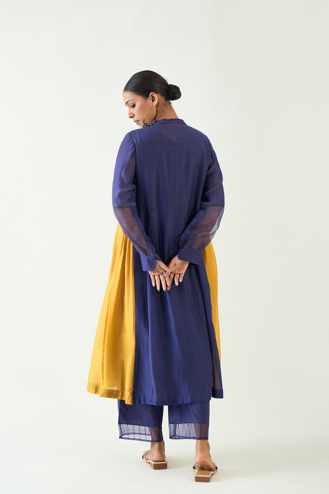 Urvi:  Embroidered Side Gather Kurta set - Purple and Mustard