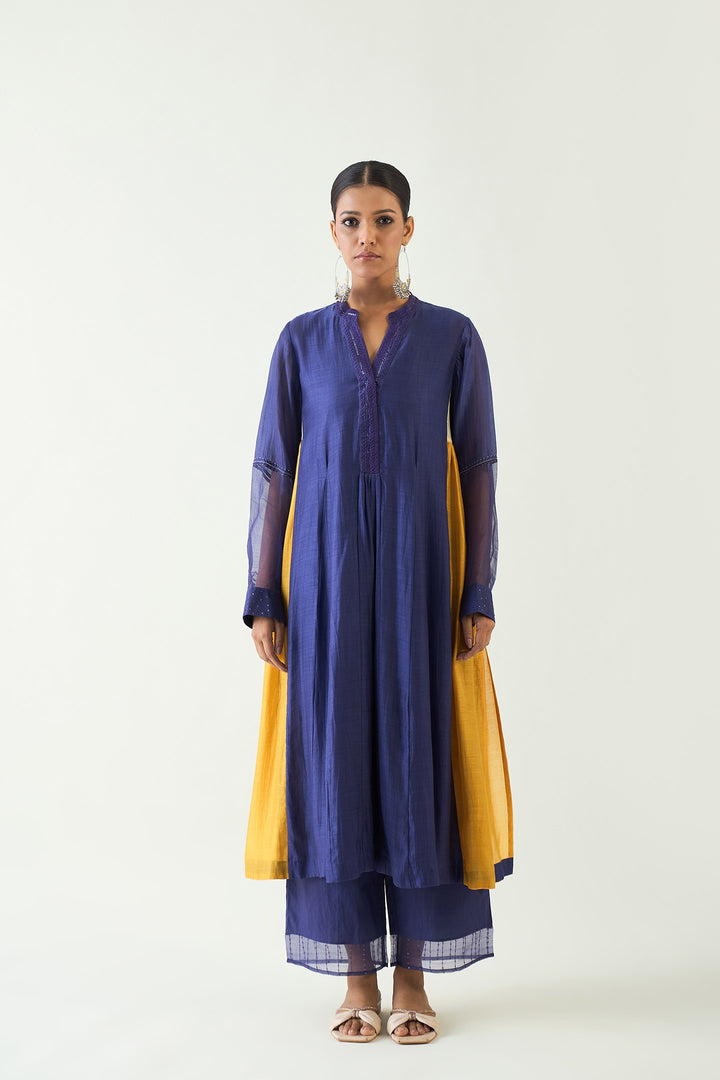 Urvi:  Embroidered Side Gather Kurta - Purple and Mustard