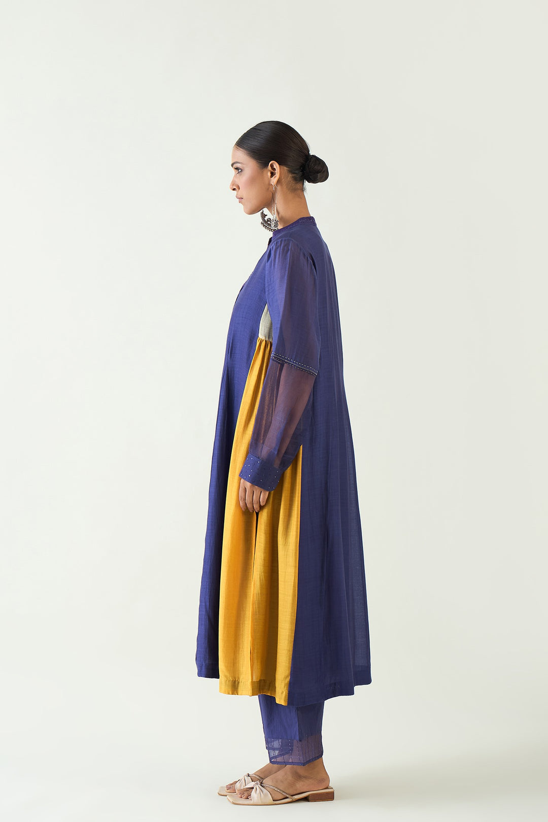 Urvi:  Embroidered Side Gather Kurta - Purple and Mustard