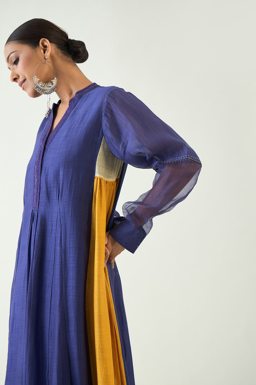 Urvi:  Embroidered Side Gather Kurta - Purple and Mustard