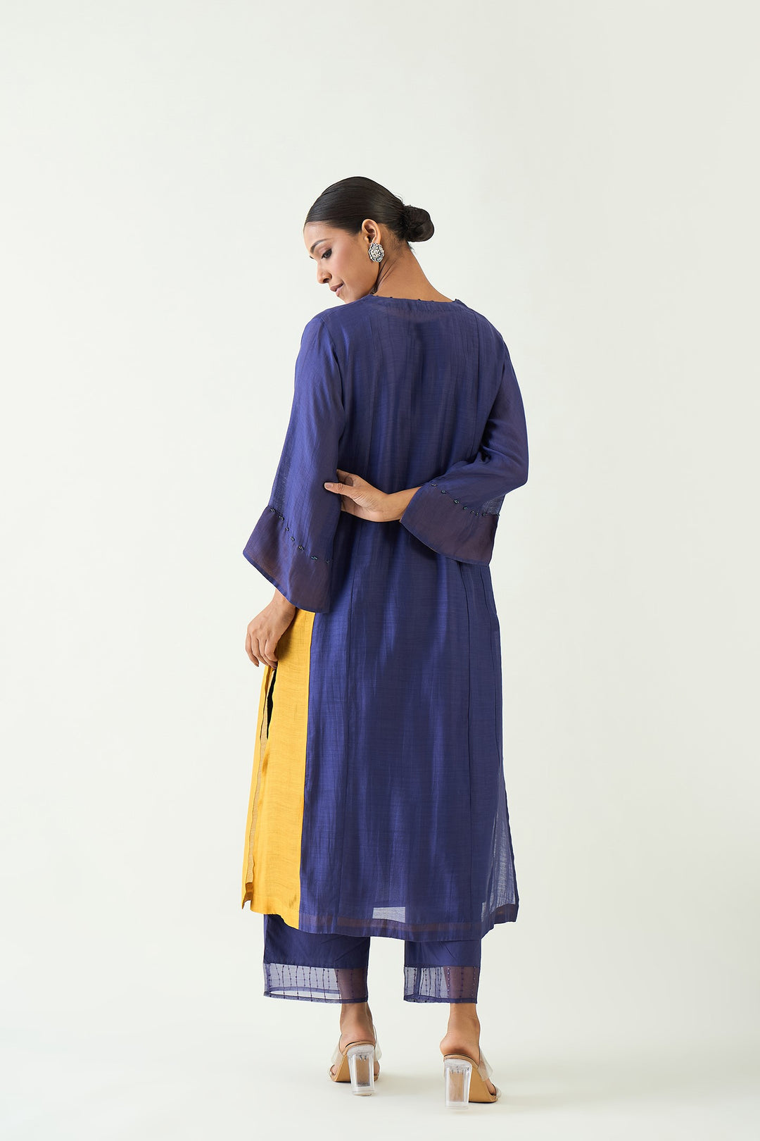 Kriya: Cotton Silk color block choga set - Purple and Mustard