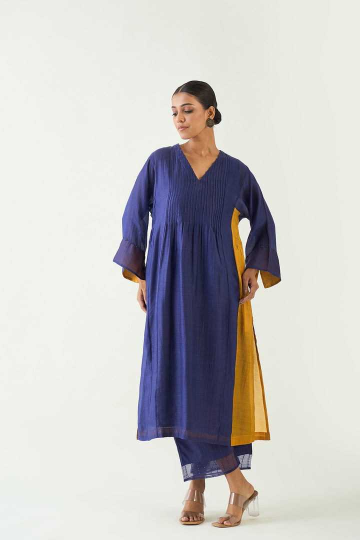 Kriya: Cotton Silk color block choga set - Purple and Mustard