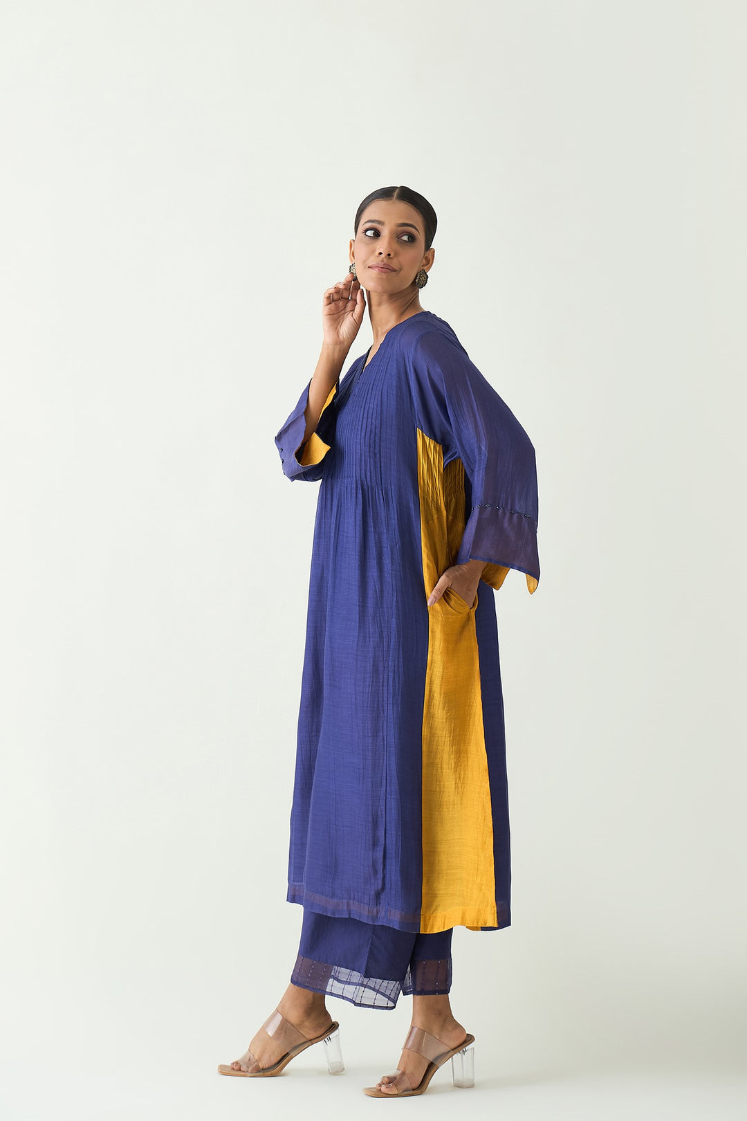 Kriya: Cotton Silk color block choga set - Purple and Mustard