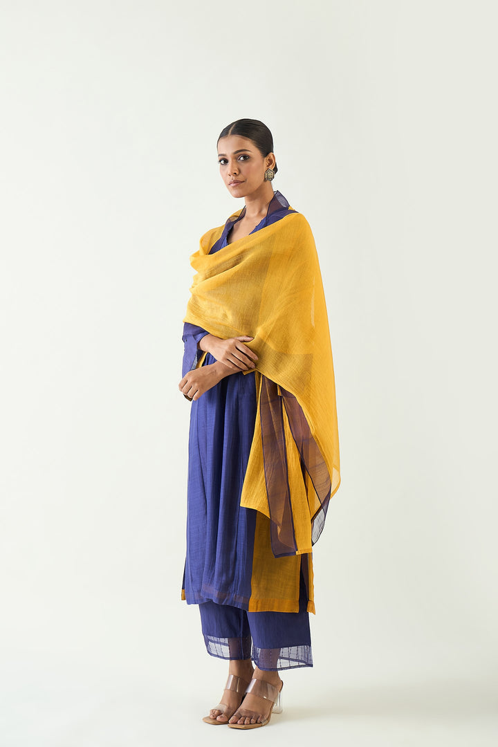 Kriya: Cotton Silk color block choga set - Purple and Mustard